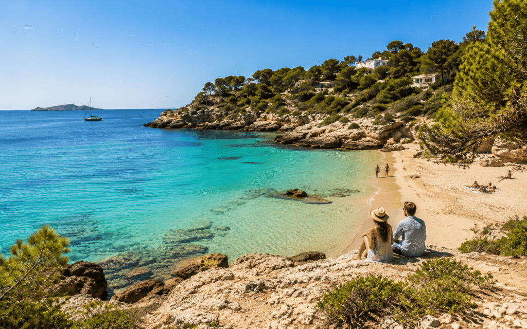 Cala familiar en Ibiza con aguas turquesas